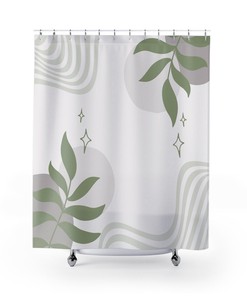 Boho Shower Curtain, Green Gray Botanical Shower Curtain, Floral Shower Curtain, Abstract Bohemian Bathroom Decor, Bath Decor, Bath Curtain