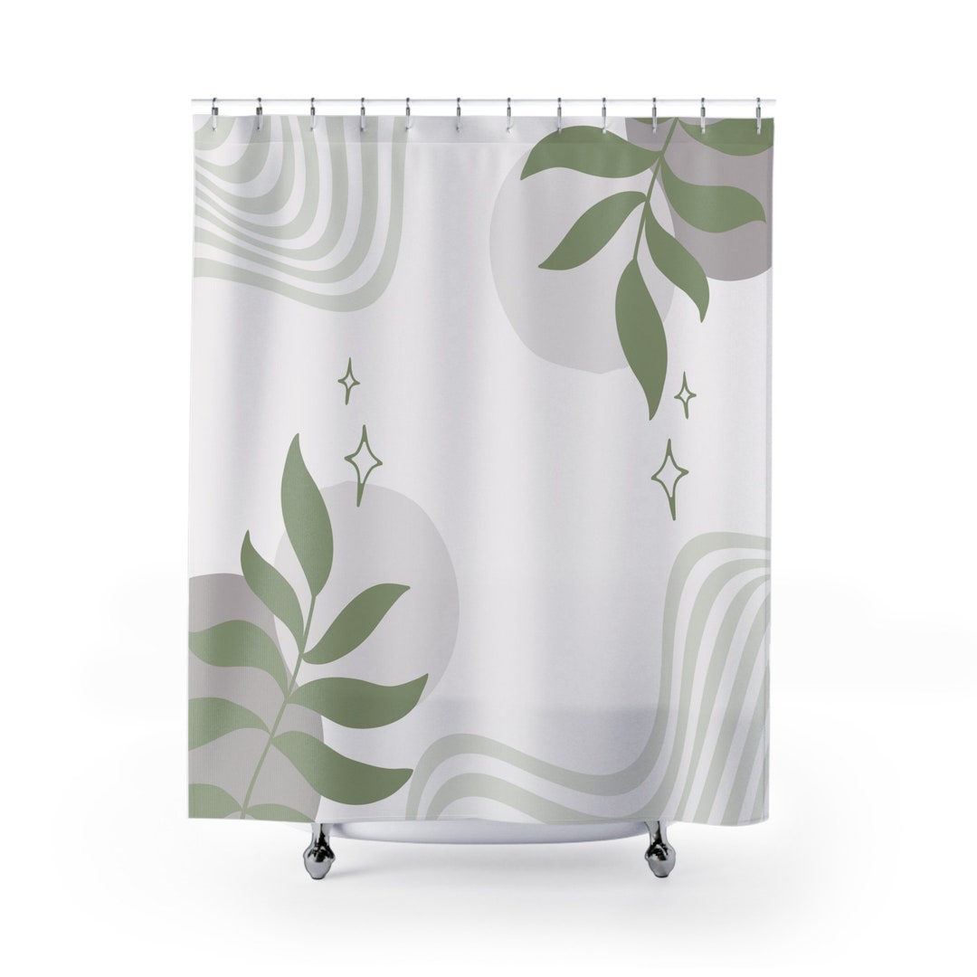 Boho Shower Curtain, Green Gray Botanical Shower Curtain, Floral Shower Curtain, Abstract Bohemian Bathroom Decor, Bath Decor, Bath Curtain