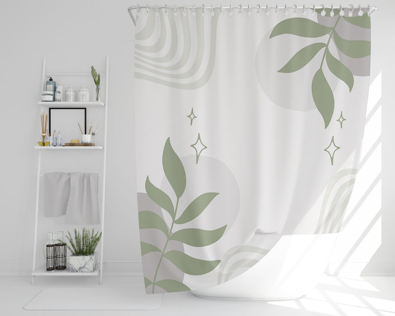 Boho Shower Curtain, Green Gray Botanical Shower Curtain, Floral Shower Curtain, Abstract Bohemian Bathroom Decor, Bath Decor, Bath Curtain - Image 2
