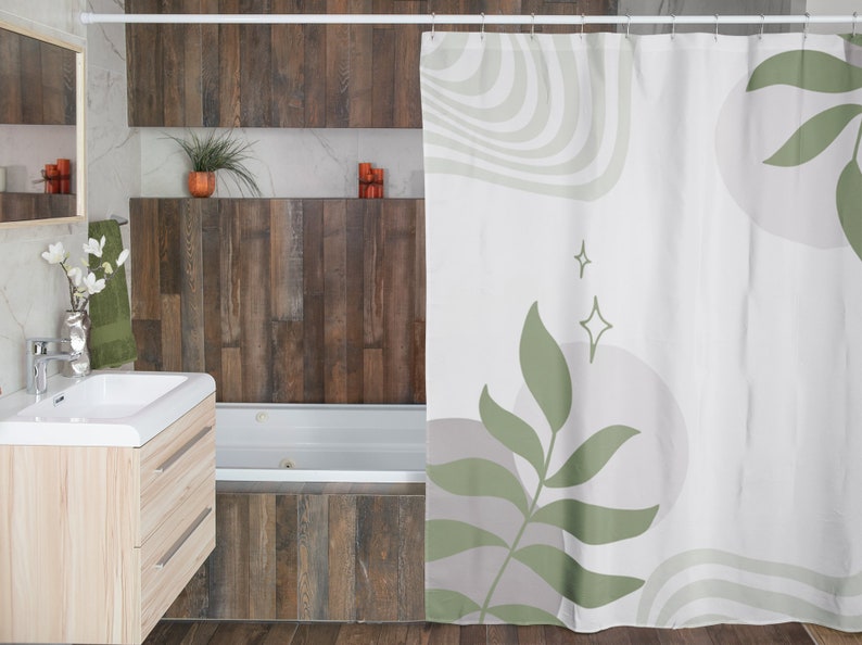 Boho Shower Curtain, Green Gray Botanical Shower Curtain, Floral Shower Curtain, Abstract Bohemian Bathroom Decor, Bath Decor, Bath Curtain - Image 3