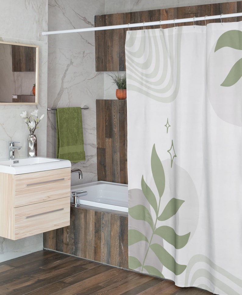 Boho Shower Curtain, Green Gray Botanical Shower Curtain, Floral Shower Curtain, Abstract Bohemian Bathroom Decor, Bath Decor, Bath Curtain - Image 4