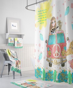 Boho Shower Curtain, Hippie Chic Blessing, Retro Van, Bath Bath Towel Option