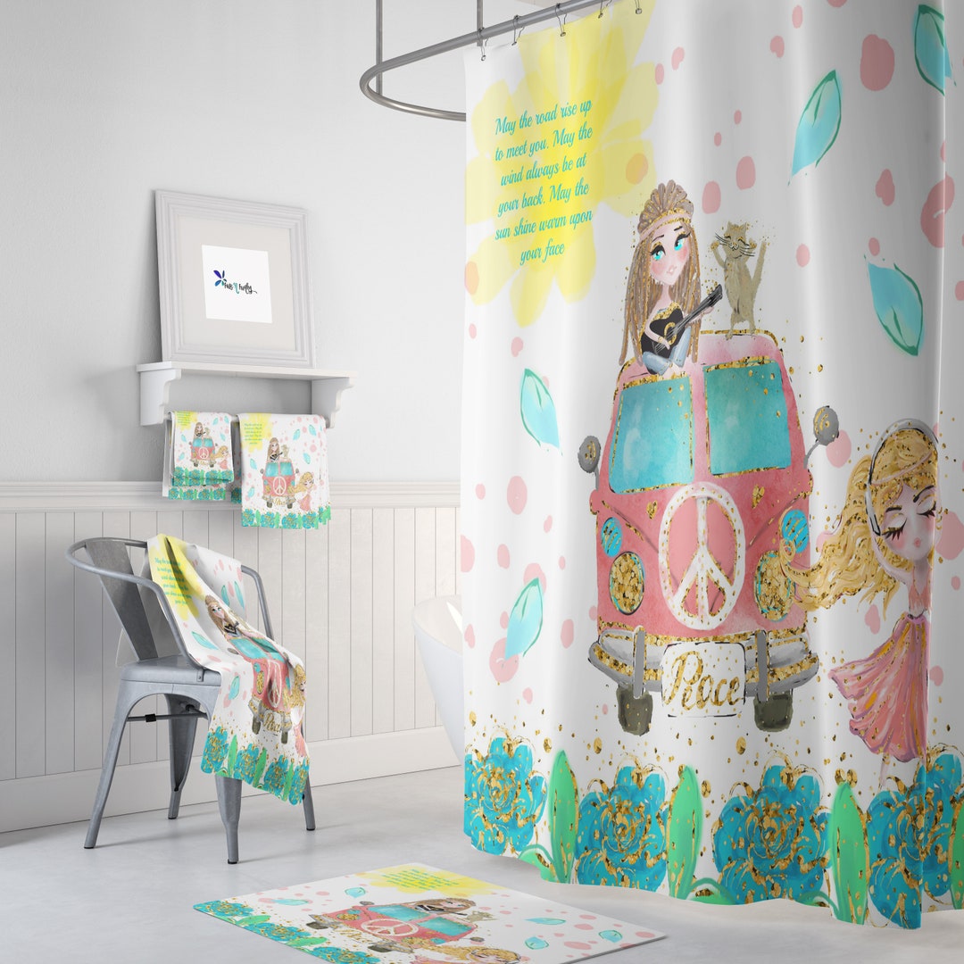 Boho Shower Curtain, Hippie Chic Blessing, Retro Van, Bath Bath Towel Option