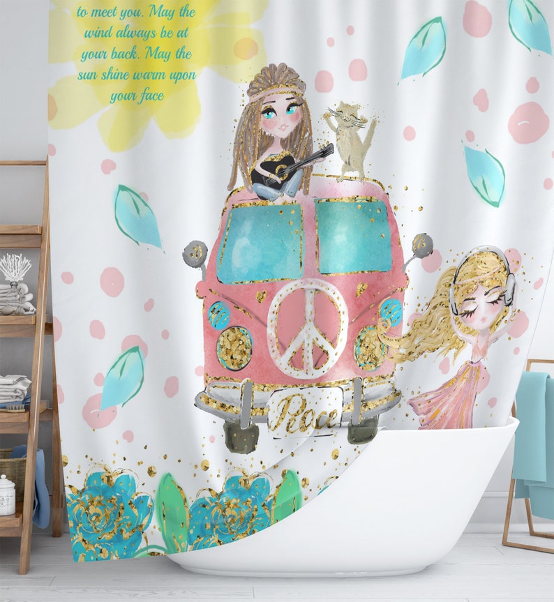 Boho Shower Curtain, Hippie Chic Blessing, Retro Van, Bath Bath Towel Option - Image 2