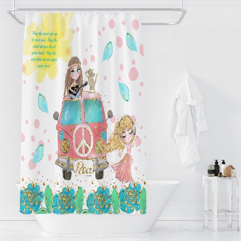 Boho Shower Curtain, Hippie Chic Blessing, Retro Van, Bath Bath Towel Option - Image 3