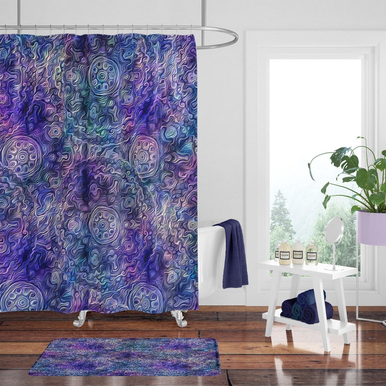 Boho Shower Curtain Optional Bath Mat Bathroom Set, Purple Pastel - Image 2