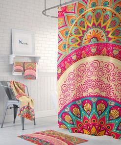 Boho Shower Curtain Optional Towels and Bath Mat Mandala Peacock