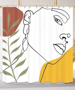 Boho Woman Face Shower Curtain, Beautiful Girl Silhouette Line Bohemian Green Leaf Bath Curtain