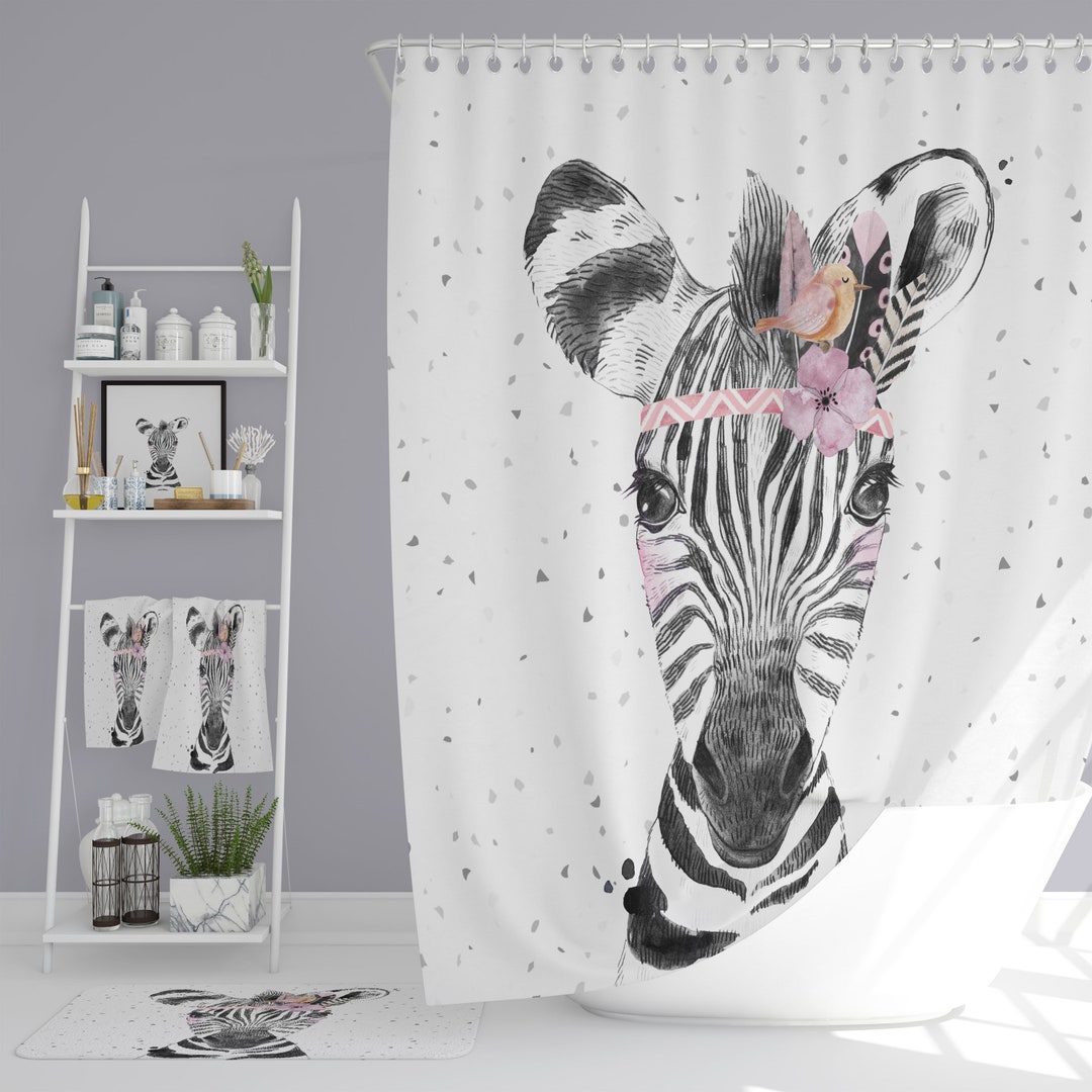 Boho Zebra Shower Curtain, add Bath Mat, Towels