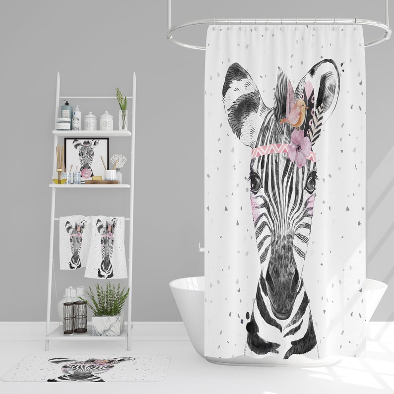 Boho Zebra Shower Curtain, add Bath Mat, Towels - Image 2