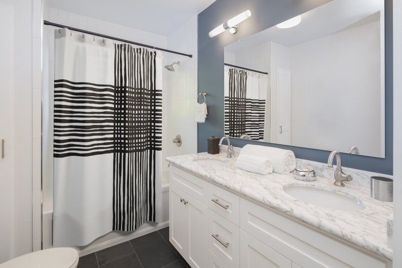Bold Criss Cross Design Shower Curtain, Abstract Black And White Bath Curtain, Bold Urban Designer Home Decor - Image 3