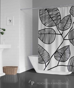 Bold Leaf Shower Curtain, Botanical Leaves Bath Curtain, Black And White Feminine Bathroom Decor