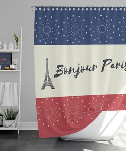 Bonjour Paris Shower Curtain, Eiffel Tower France City Landmark Flag, Linen Bathroom Curtain, Home Bath Decor Accessories