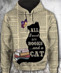 Book And Cat 3D Hoodie Zipper Hoodie