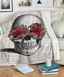 Book Page Skull Sherpa Fleece Blanket Gifts for Family, for Couple