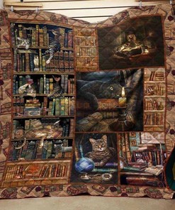 Books And Cats In Library Vintage Quilt Blanket Bedding Set