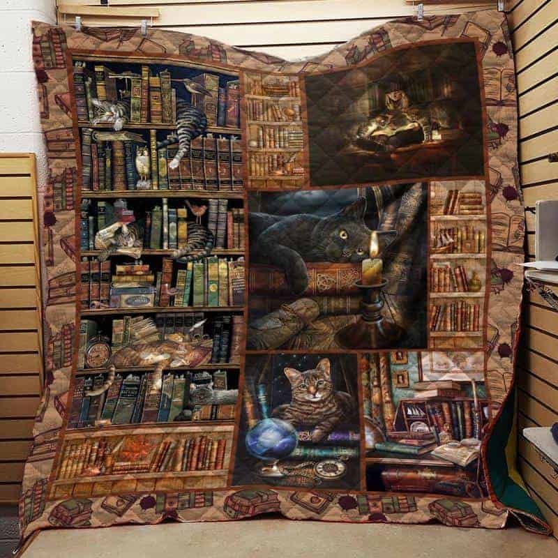 Books And Cats In Library Vintage Quilt Blanket Bedding Set