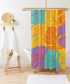 Botanic Shower Curtain, Boho Colorful Curtain, Floral Bathroom Decor, Flowers Mid Century Modern Shower Curtain