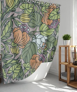 Botanical Floral Forest Shower Curtain, Green Leaves Orange Purple Wildflowers, Bathroom Decor