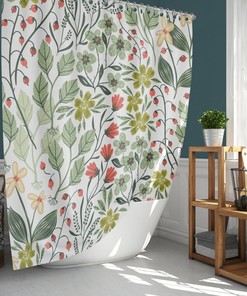 Botanical Floral Leaves Shower Curtain, Flowers Green Garden Summer Berries Bath Decor House Warming Gift