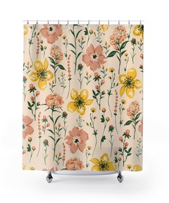 Botanical Flower Field Herbs Bathroom Decor Greenery Shower Curtain, Plant Leaves Shower Curtain
