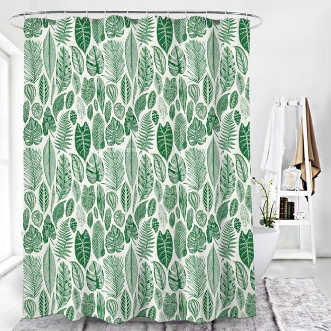 Botanical Green Leaves Shower Curtain, Tropical Forest Leaf Trees Palm Monstera, Fabric Bath Curtain, House Gift