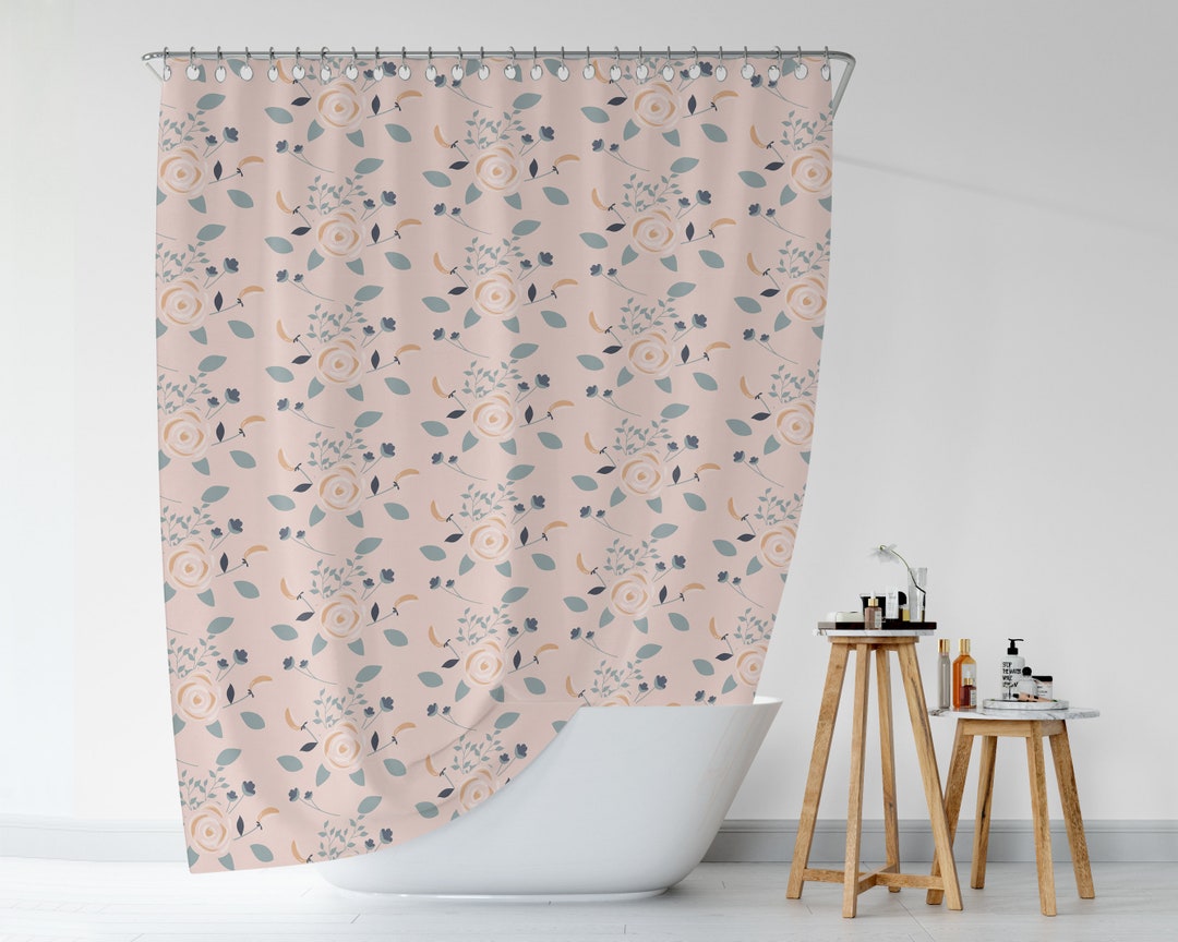 Botanical Shower Curtain, Bohemian Bath Curtain, Waterproof Durable Boho Nature Shower Curtain, Roses Flowers Curtain, Pink Decor