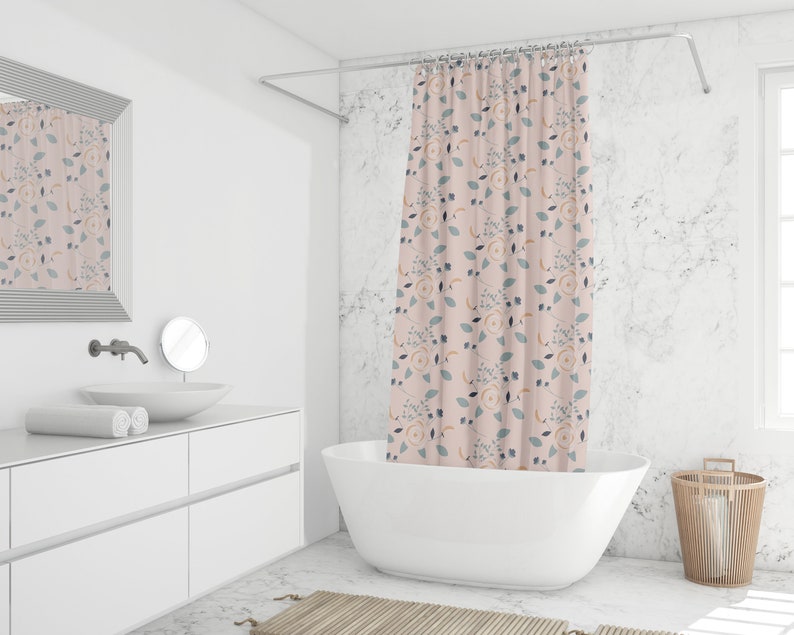 Botanical Shower Curtain, Bohemian Bath Curtain, Waterproof Durable Boho Nature Shower Curtain, Roses Flowers Curtain, Pink Decor - Image 2