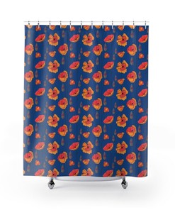 Botanical Shower Curtain, Bohemian Flowers Shower Curtain, Orange And Blue Floral Boho Bath Curtain, Bathroom Accessories, Modern Bath Design