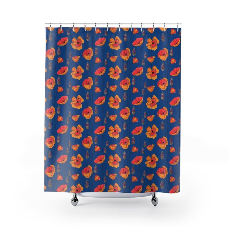 Botanical Shower Curtain, Bohemian Flowers Shower Curtain, Orange And Blue Floral Boho Bath Curtain, Bathroom Accessories, Modern Bath Design