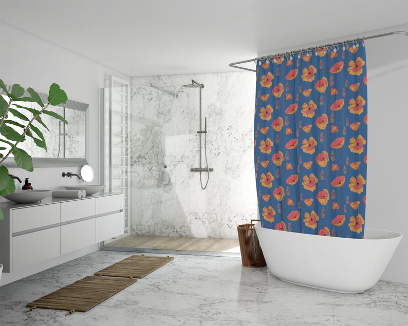 Botanical Shower Curtain, Bohemian Flowers Shower Curtain, Orange And Blue Floral Boho Bath Curtain, Bathroom Accessories, Modern Bath Design - Image 2