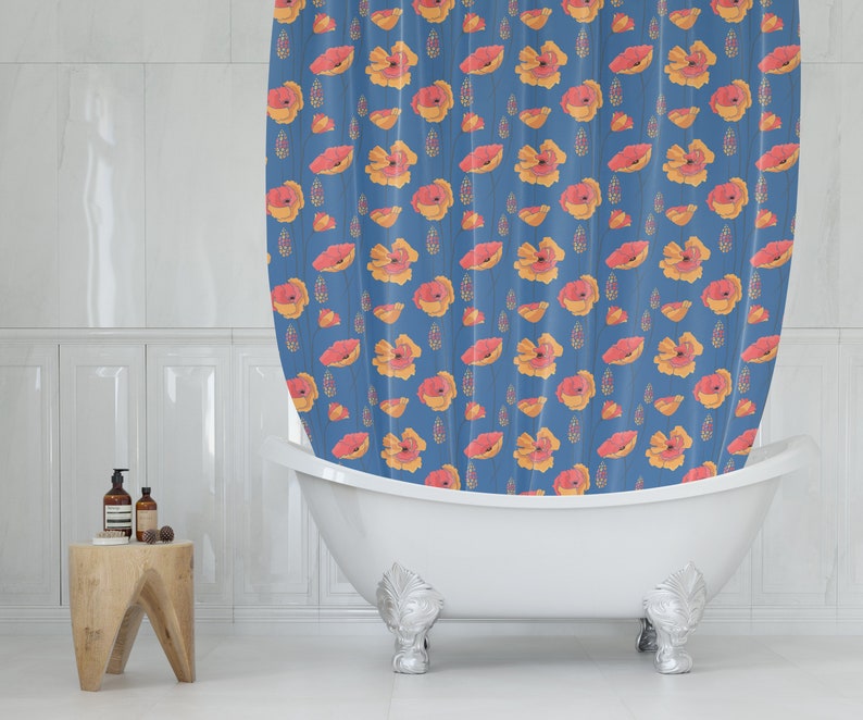 Botanical Shower Curtain, Bohemian Flowers Shower Curtain, Orange And Blue Floral Boho Bath Curtain, Bathroom Accessories, Modern Bath Design - Image 3