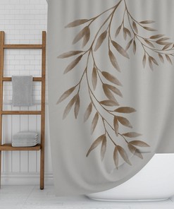 Botanical Shower Curtain, Boho Farmhouse Decor, Brown Leaves On Beige Bath Curtain, Eclectic Watercolor Floral Minimalist Art Bathroom Decor
