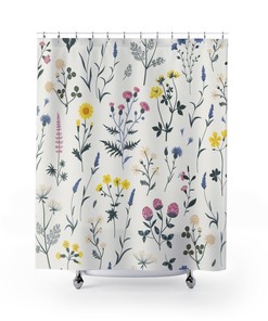 Botanical Shower Curtain, Flower Field Herbs Bathroom Decor, Greenery Shower Curtains Plant Leaves Shower Curtain