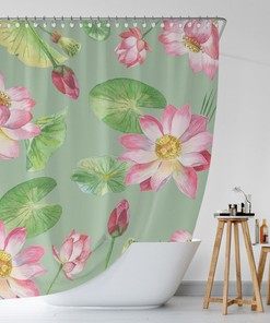 Botanical Shower Curtain, Lotus Flowers Shower Curtain, Green Floral Decor, Boho Bathroom Decor, Bathroom Curtain, Spring Bath Curtain