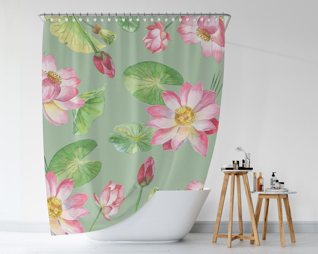 Botanical Shower Curtain, Lotus Flowers Shower Curtain, Green Floral Decor, Boho Bathroom Decor, Bathroom Curtain, Spring Bath Curtain