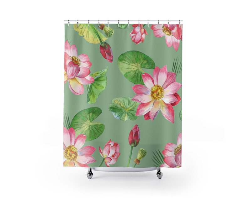Botanical Shower Curtain, Lotus Flowers Shower Curtain, Green Floral Decor, Boho Bathroom Decor, Bathroom Curtain, Spring Bath Curtain - Image 2