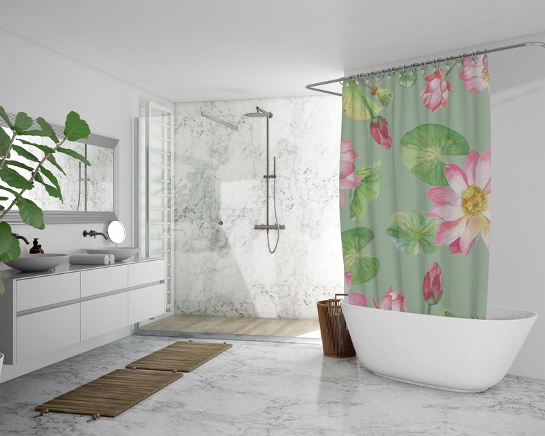 Botanical Shower Curtain, Lotus Flowers Shower Curtain, Green Floral Decor, Boho Bathroom Decor, Bathroom Curtain, Spring Bath Curtain - Image 3