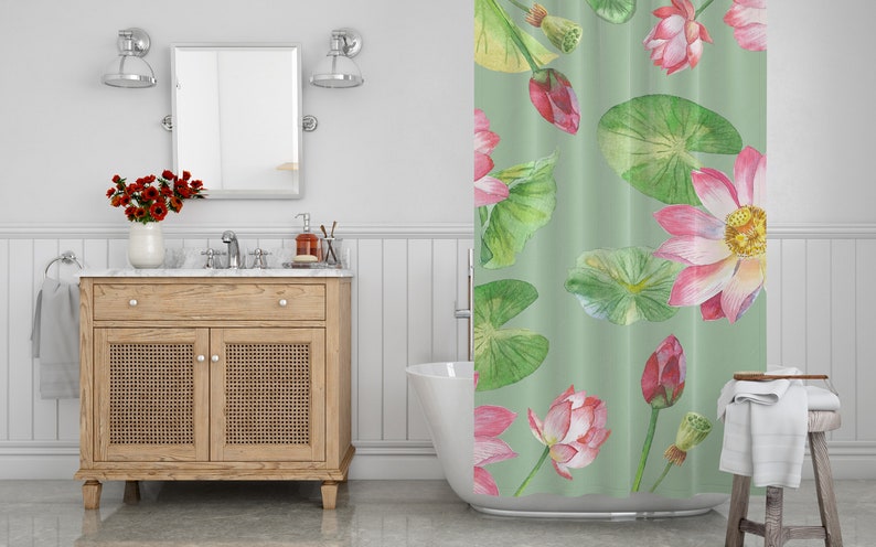 Botanical Shower Curtain, Lotus Flowers Shower Curtain, Green Floral Decor, Boho Bathroom Decor, Bathroom Curtain, Spring Bath Curtain - Image 4