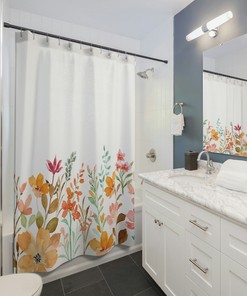 Botanical Wild Floral Shower Curtain, Floral Shower Curtain, Orange Flowers Shower Curtain, Boho Shower Curtain, Vintage Shower Curtain