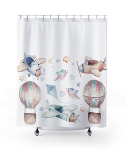 Boys Bathroom Decoration Watercolor Airplanes Balloons Shower Curtain, Childrens Bath Shower Curtain