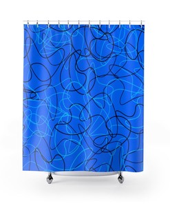 Bright Blue Mid Century Modern Boomerang Pattern Shower Curtain for 5 or 6 Atomic Age Bathroom Decor