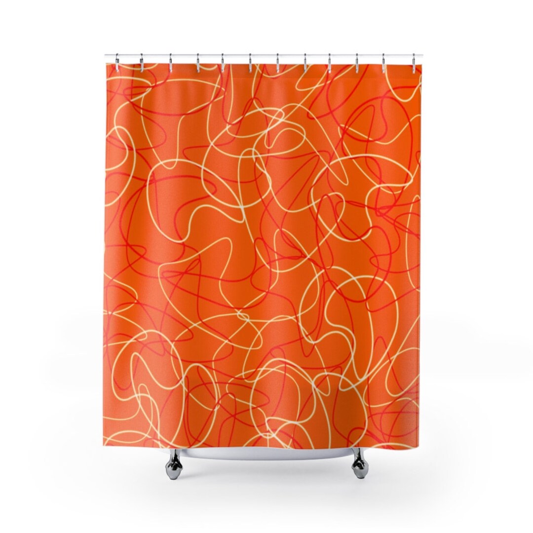 Bright Orange Mid Century Modern Boomerang Pattern Shower Curtain for 50s or 60s Atomic Age Bathroom Decor