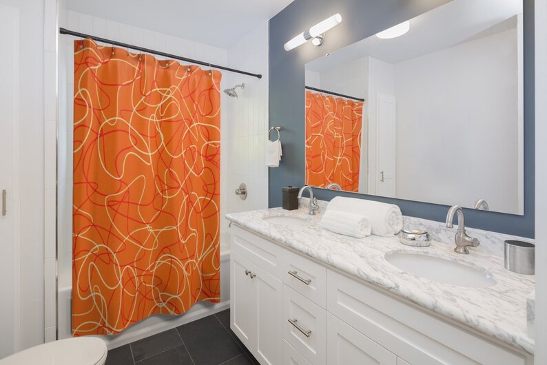 Bright Orange Mid Century Modern Boomerang Pattern Shower Curtain for 50s or 60s Atomic Age Bathroom Decor - Image 2