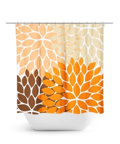 Brown And Orange Flower Shower Curtain, Floral Bath Curtain, Fabric Shower Curtain, Girls Bathroom Decor, Orange Bathroom