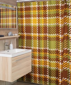Brown Green Plaid Shower Curtain - Retro 70's Buffalo Plaid Bathroom Decor
