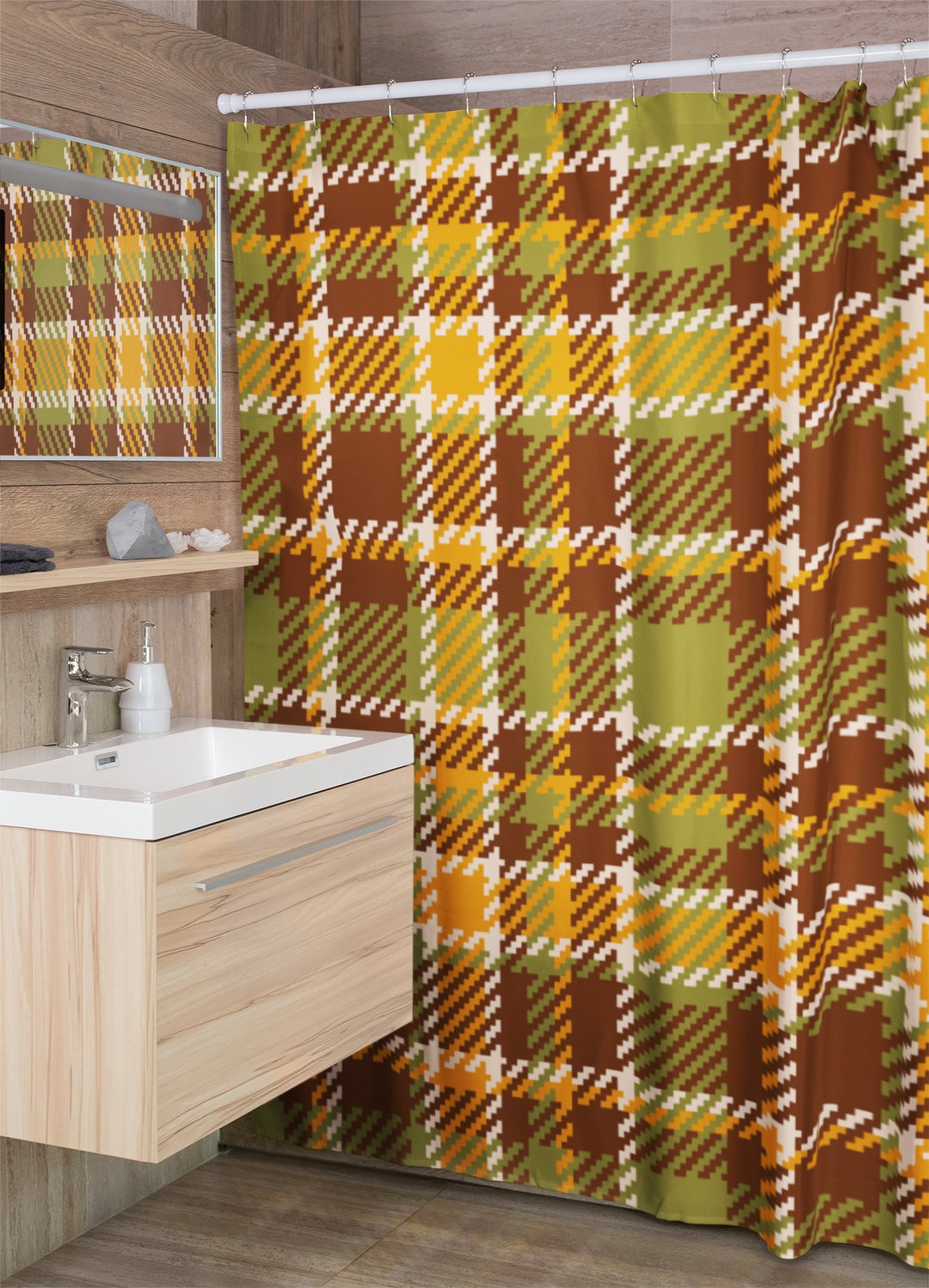 Brown Green Plaid Shower Curtain Retro 70's Buffalo Plaid Bathroom Decor Bluefink