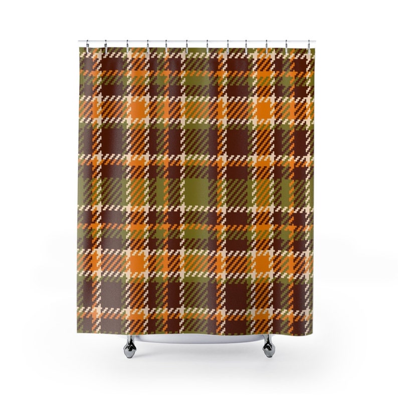 Brown Green Plaid Shower Curtain Retro 70's Buffalo Plaid Bathroom Decor Bluefink