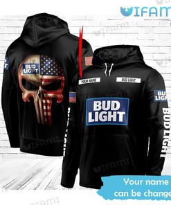 Bud Light Hoodie 3D Punisher Skull US Flag Custom Name Beer Lovers Gift