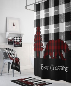 Buffalo Plaid Shower Curtain, Woodland, Rustic Country, Bathroom Decor, Bear Shower Curtain